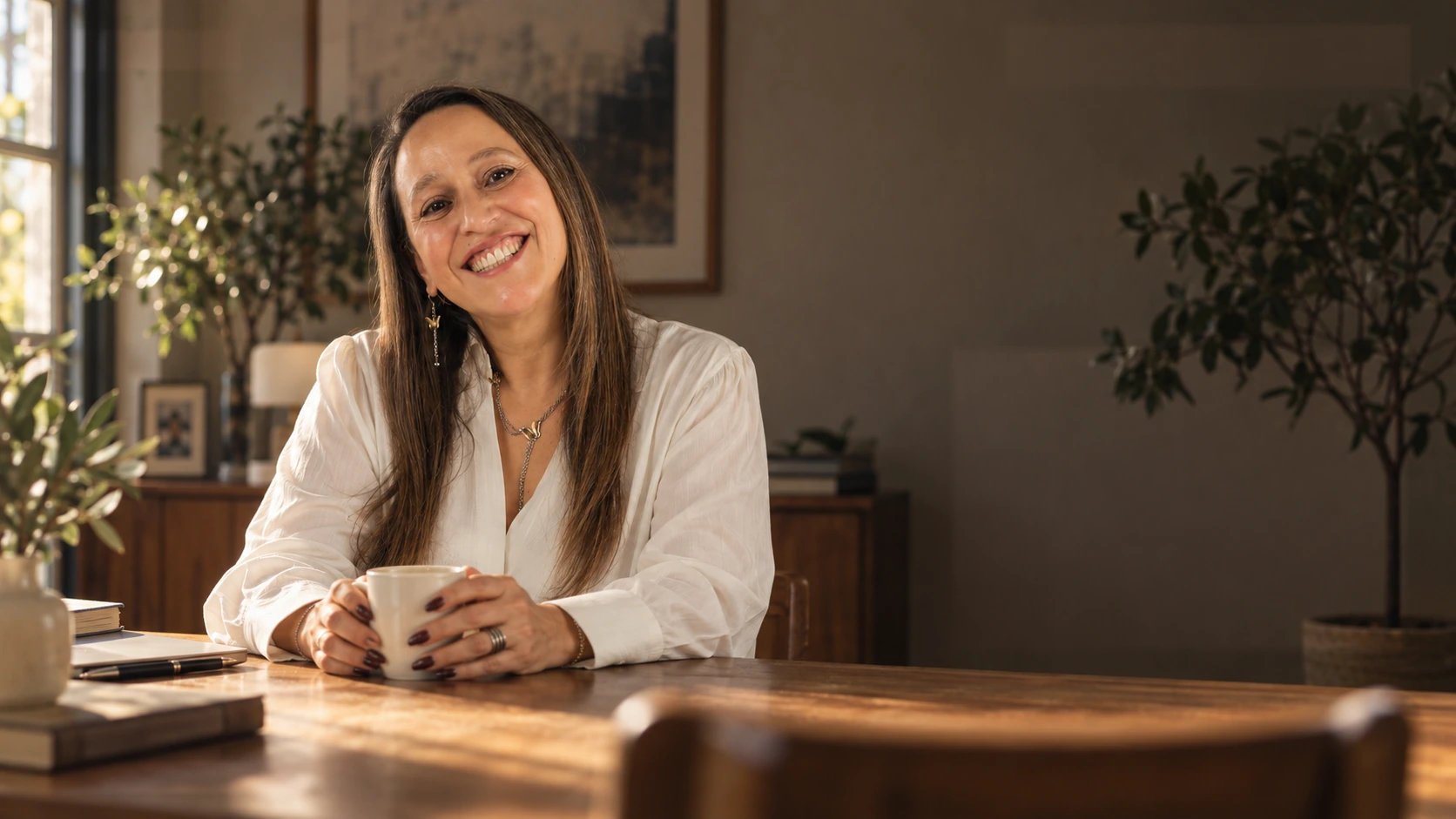 Sandra Galván te recibe al otro lado de una mesa, con una taza entre las manos y una silla libre para ti